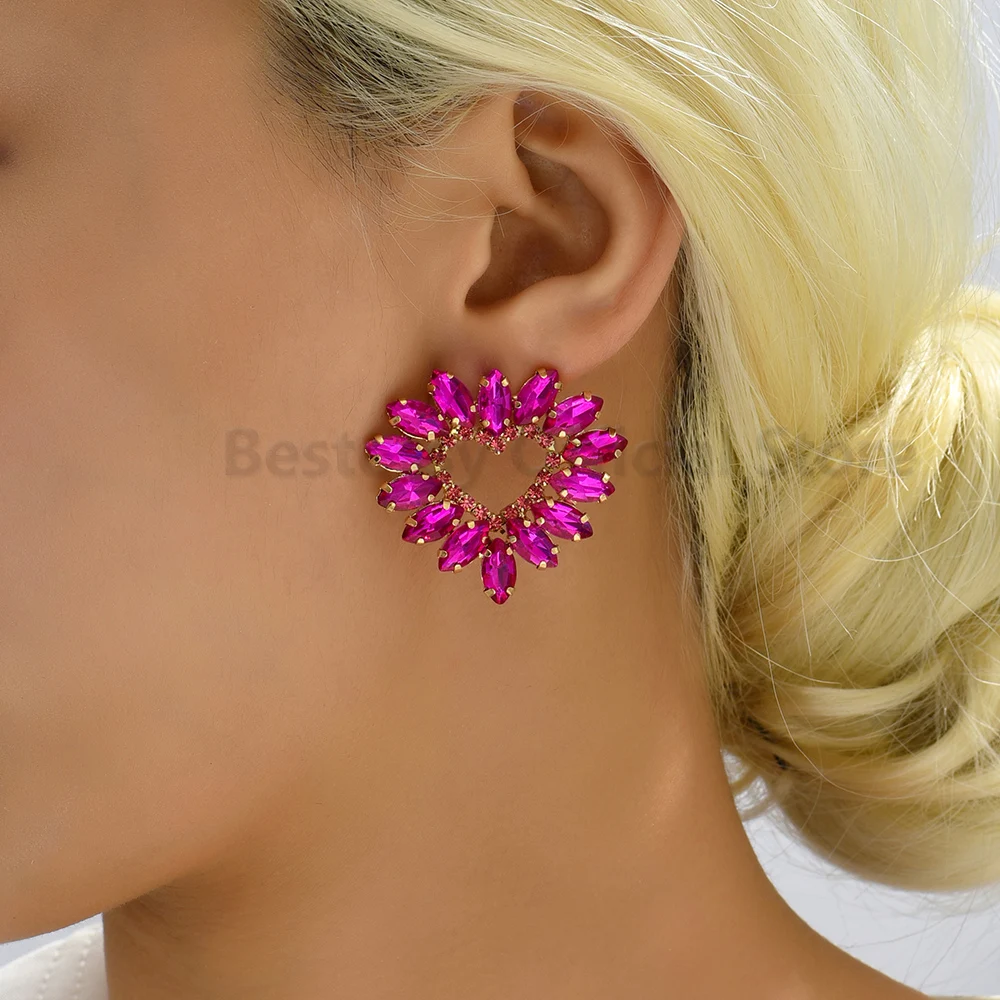韓国のファッションかわいいロマンチックなハートのイヤリングトレンド高級光沢のあるクリスタル大きな耳のスタッド女性ガールパーティーウエディングピアスジュエリー