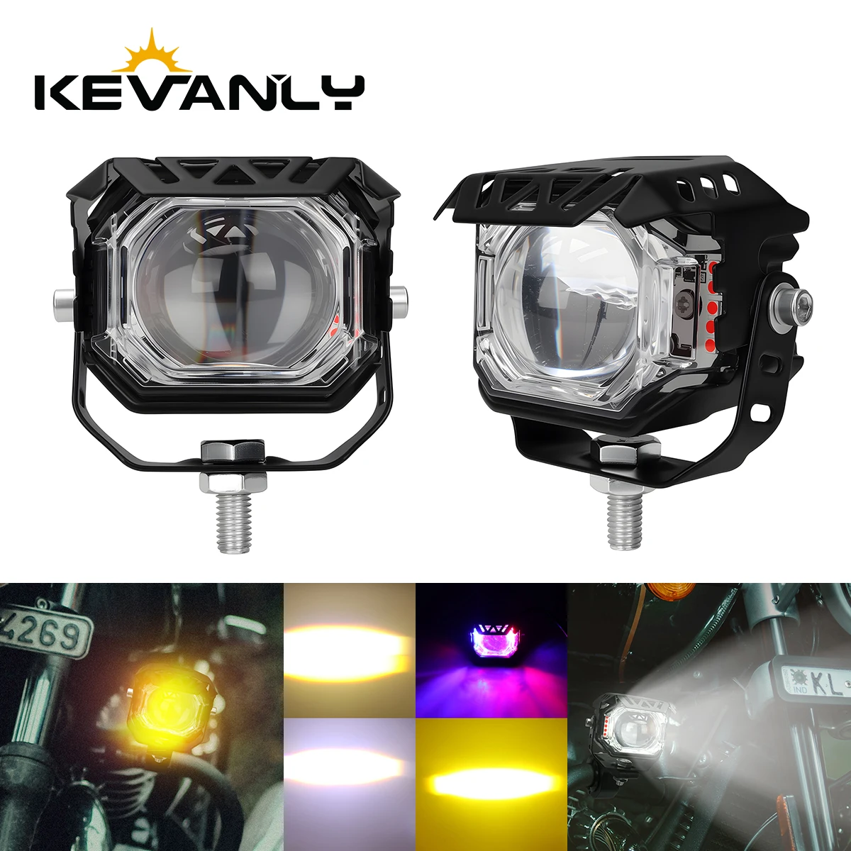 Motorcycle LED Large Lens Spotlight White Yellow High Low Beam LED Colorful Flashing Light Universal for Trucks SUV ATV Cars