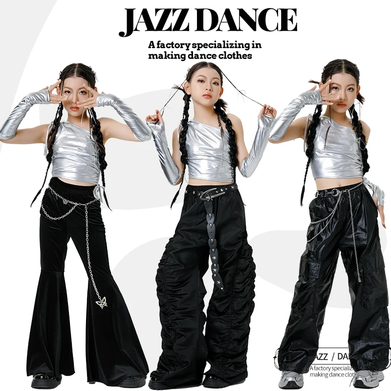 2025 جديد أزياء رقص الجاز الحديثة للفتيات بلوزات فضية السراويل السوداء الشارع الشهير الاطفال الهيب هوب الرقص أداء وتتسابق DQS20777