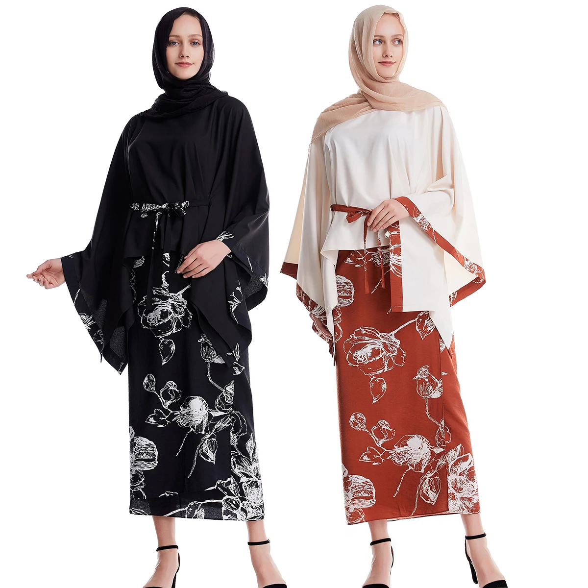 

Muslim Women M-XL 2 PCS Long Loose Sleeves Top and Printing Tube Dress Suits Arab Lady Full Coverage Traditioonal Sets