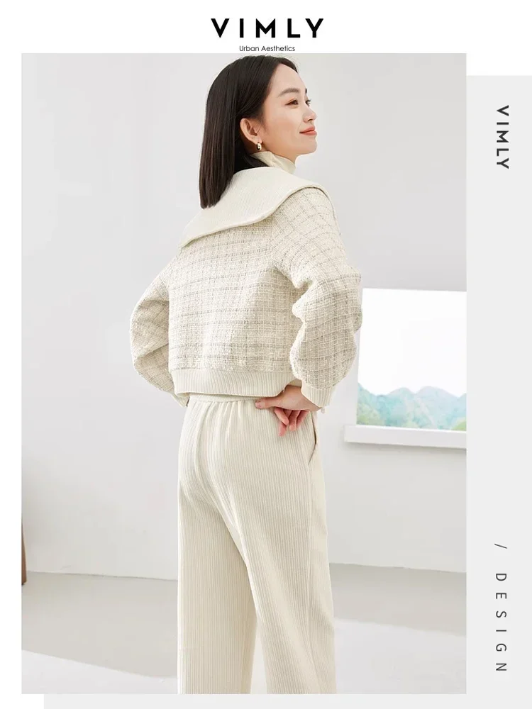 Vimly Winter Elegant Two Piece Women Outfits Full-zip Cropped Tweed Jacket Wide Leg Pant Sets 2023 Matching Sets Clothing M3579