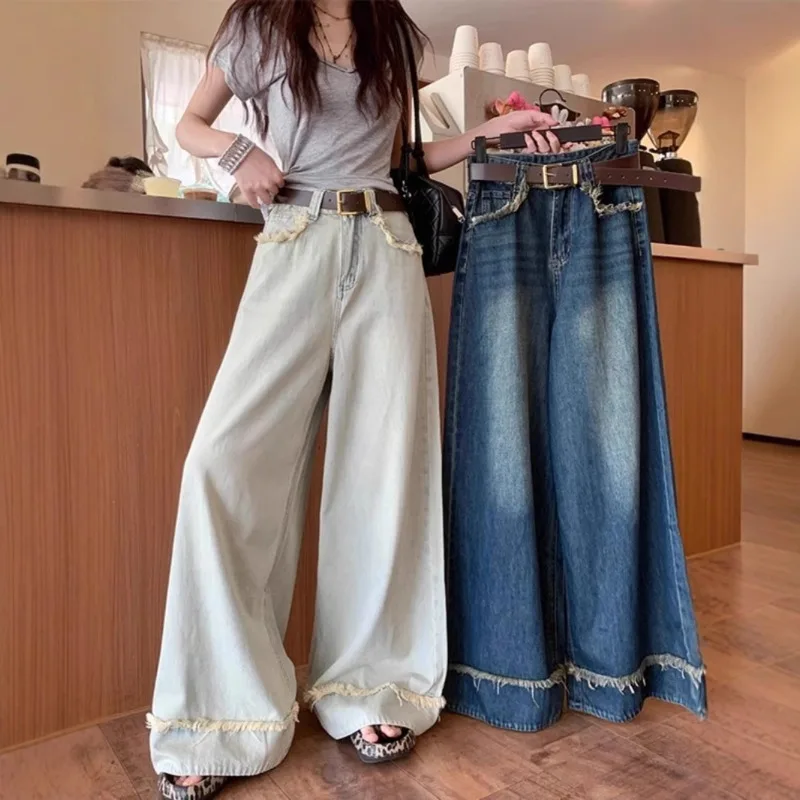 

Spring Autumn Wide Leg Pants Jeans Tassel Frayed High Waist Denim Trousers Women'S Harajuku Vintage Washed Femme Streeetwear