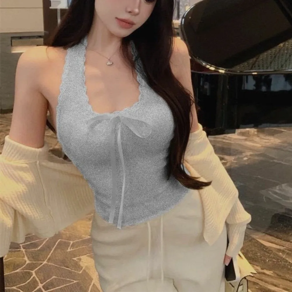 Pure Desire French Style Camisole Top Lace Patchwork Sleeveless Design Lace Patchwork Top Short Style Bow Detail Halter Camisole