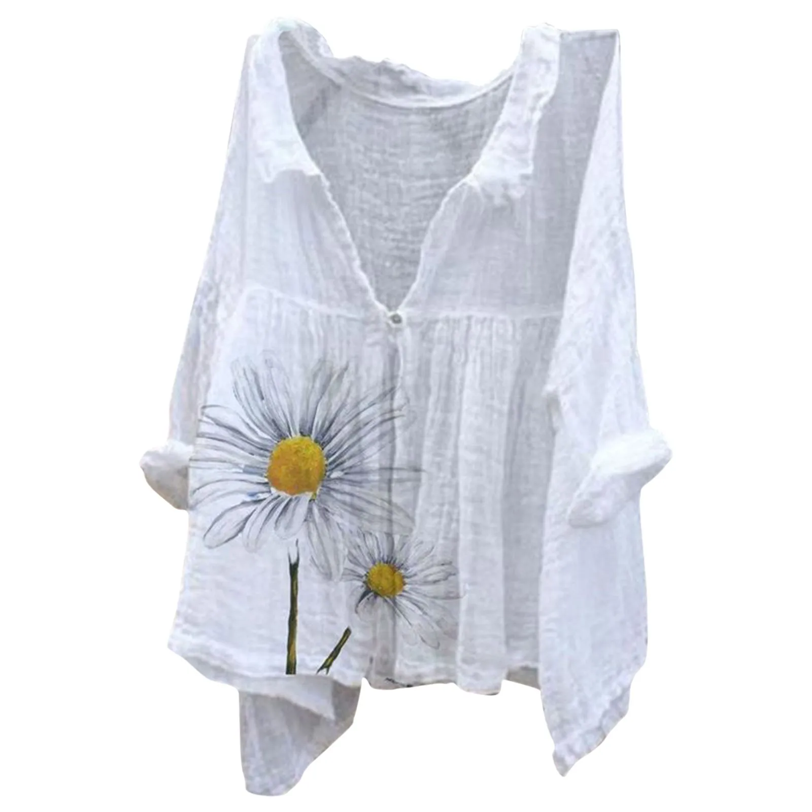 Women's Cotton And Linen Sunflower Print One Button Blouse Women's Long Sleeve Tunics