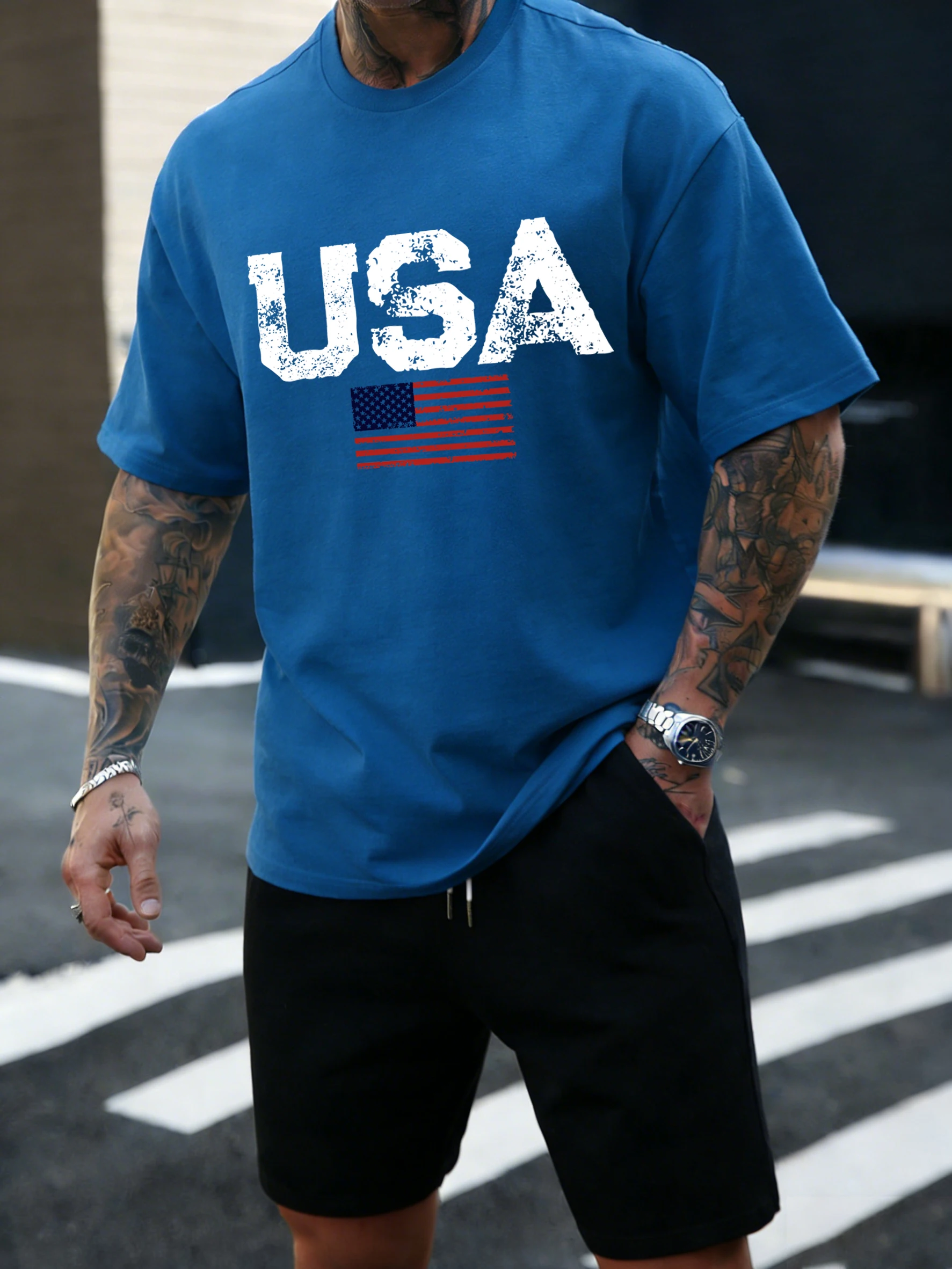USA-Flagge Bedruckte Herren T-Shirts Hip-Hop O-Ausschnitt Tee Weiche Baumwolle Mode Retro Sportbekleidung Herren Freizeitkleidung