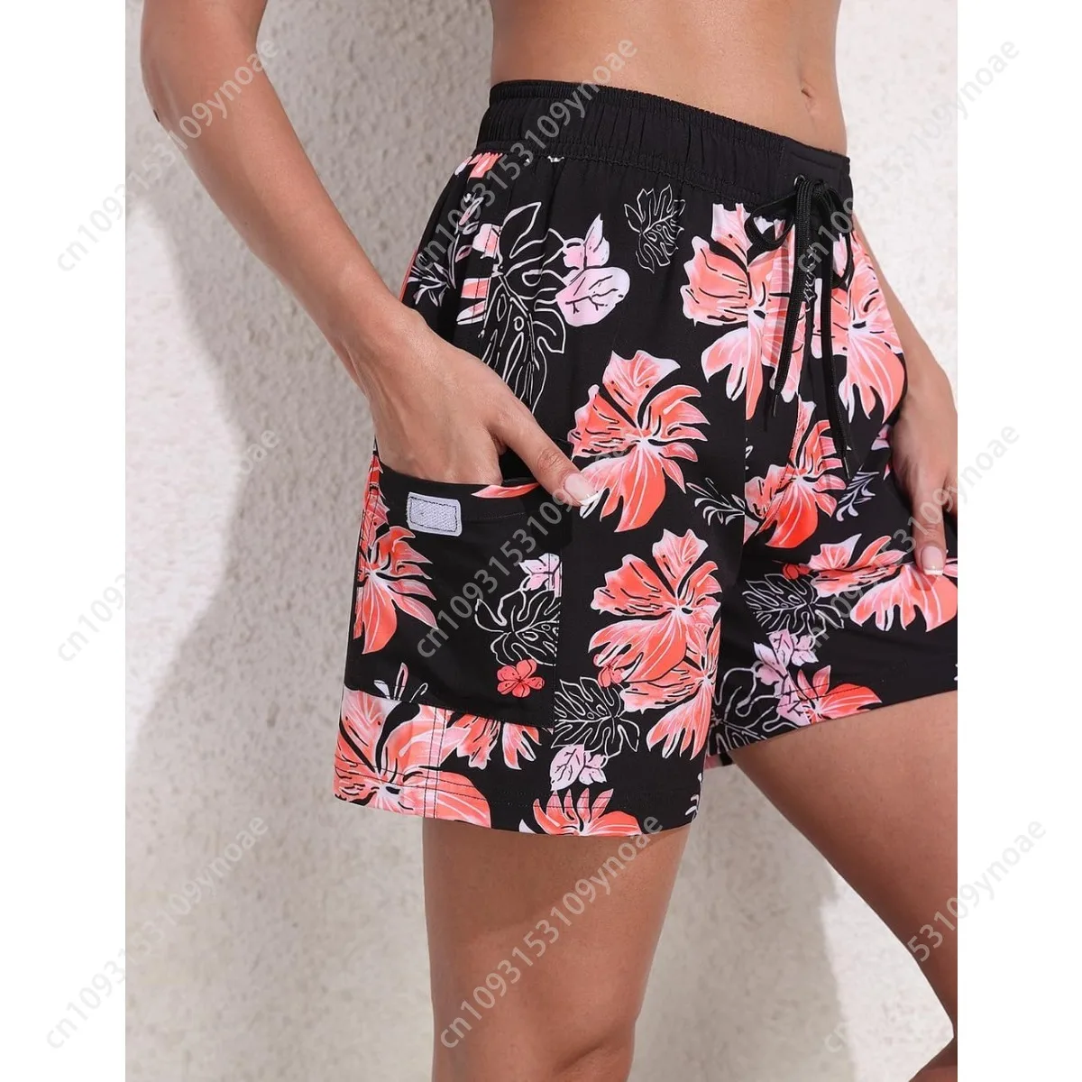 Vintage Floral Print Women Quick Dry Surf Shorts Solid Stretch Swim Scanties Retro Lace Up Bathing Suit Panties with Pockets