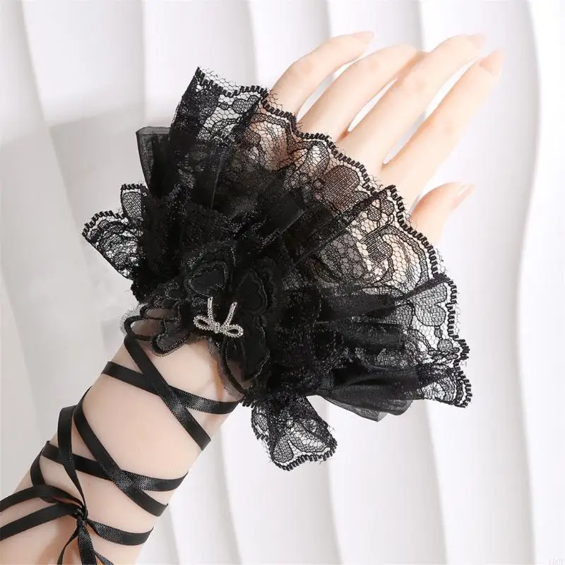 النساء فتاة لوليتا الطبقات كشكش الدانتيل الأكمام الذراع مع حزام قفازات قصيرة بدون أصابع لحفلات الزفاف حفلة موسيقية زي الملحقات #6