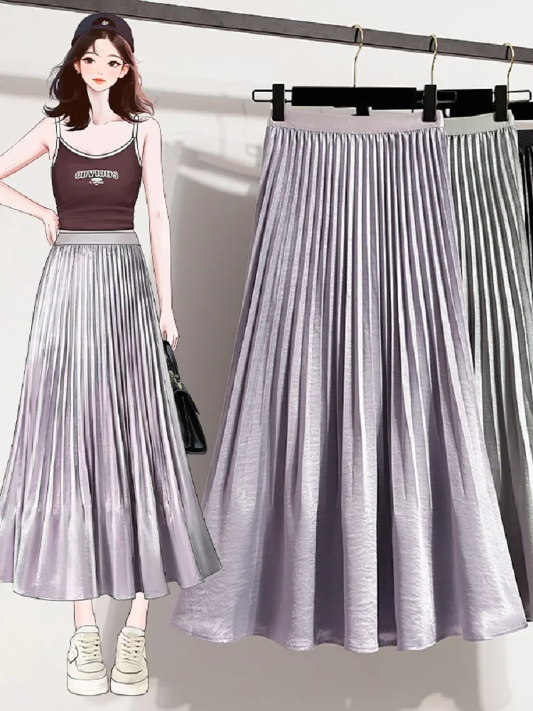Women's summer new fashion satin fishtail half skirt slimming casual pleated solid color elegant elastic waist A-line skirt