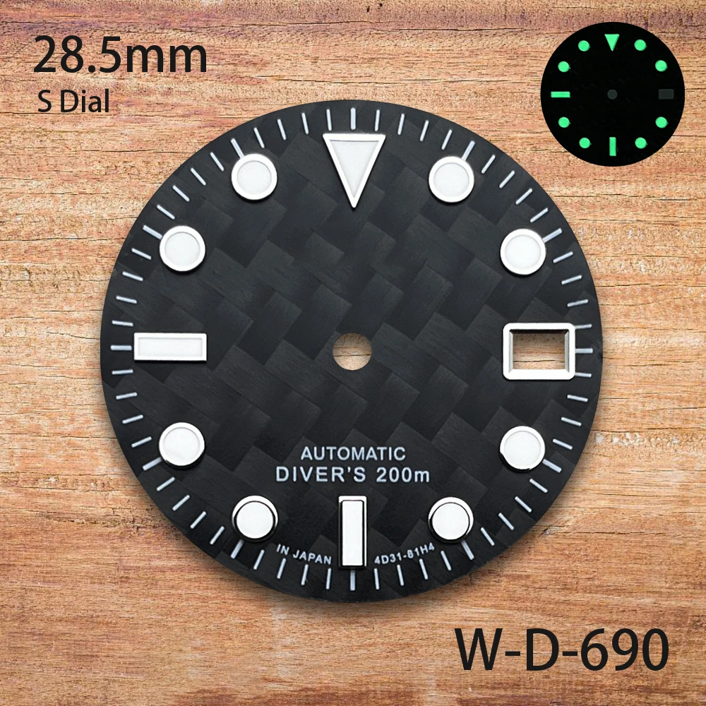 28.5mm S Logo Carbon Fiber Dial Fit NH35/NH36/4R/7S Movement Green Luminous Diving High-Quality Watch Modification Accessories