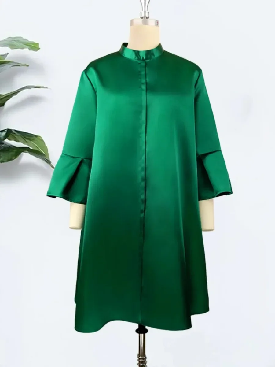 Women Loose Dress Three Quarter Sleeves Oversized Yellow Green Pink Casual Fashion Ladies Classy Summer Autumn Robes Gowns 2022