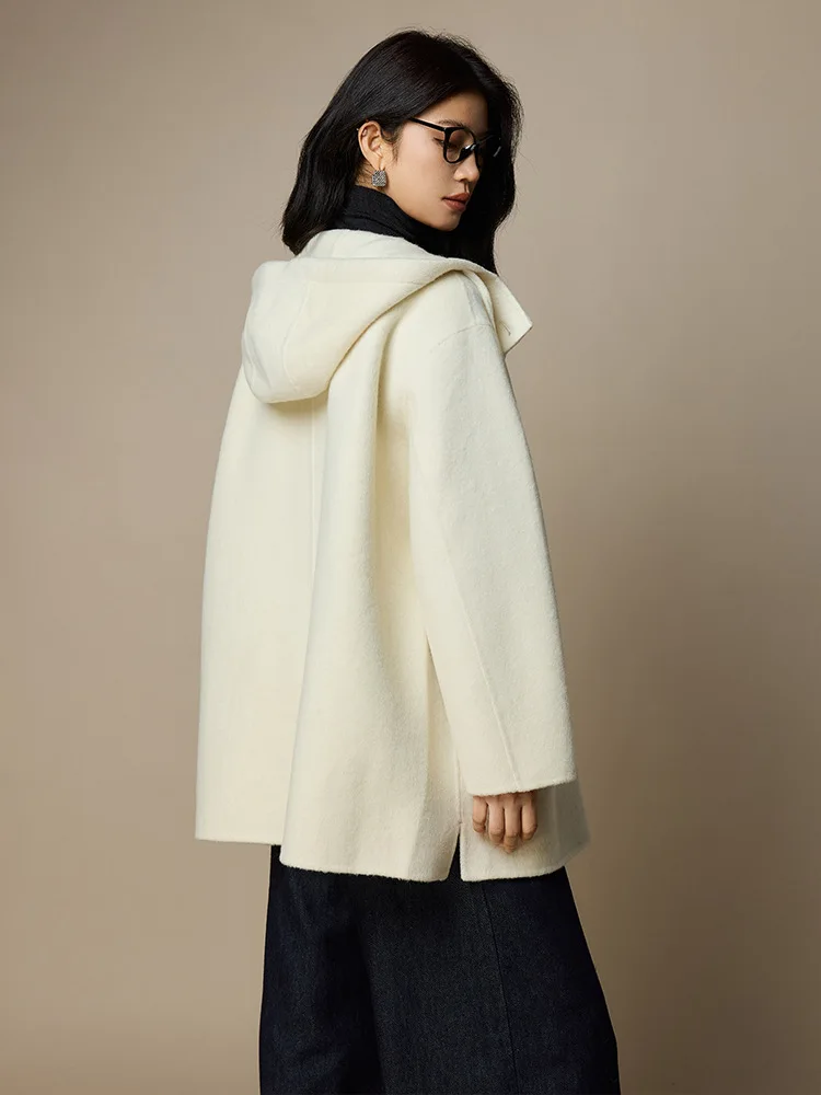 Birdtree، معطف قصير من صوف الأغنام بنسبة 70%، قطع علوية نسائية بغطاء للرأس، صوف مزدوج الجانب، معطف خريف وشتاء 2025، أبيض، رمادي، وردي T5N514JF #4