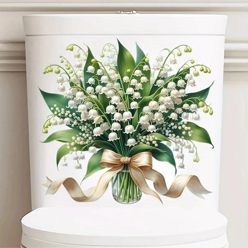 MT1373# Plant-Themed Lily Cartoon Toilet Lid Decal, Self-Adhesive PVC Sticker,  Reusable, Plastic Surface Compatible, Decorative