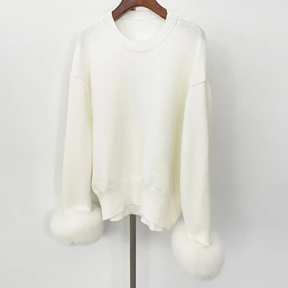 2024 Autumn Winter Knitted Sweaters with Detachable Natural Fox Fur Sleeves Women New Fashion Slim Fit Sweaters