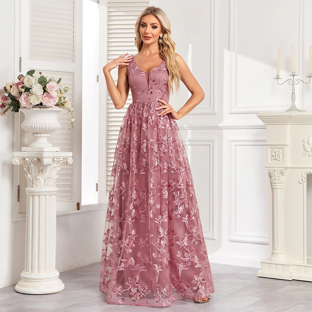 Women V-Neck Sleeveless Sequin Embroidery Evening Dress A-line Pink Birthday Party Dress Formal Ball Gown