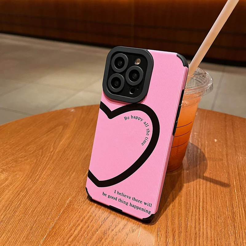 Fashion Black Letter Love Heart Pink Soft Phone Case For iPhone 15 14 13 12 11 Pro Max X XR XS Max 7 8Plus 15 14Plus 12 13Mini