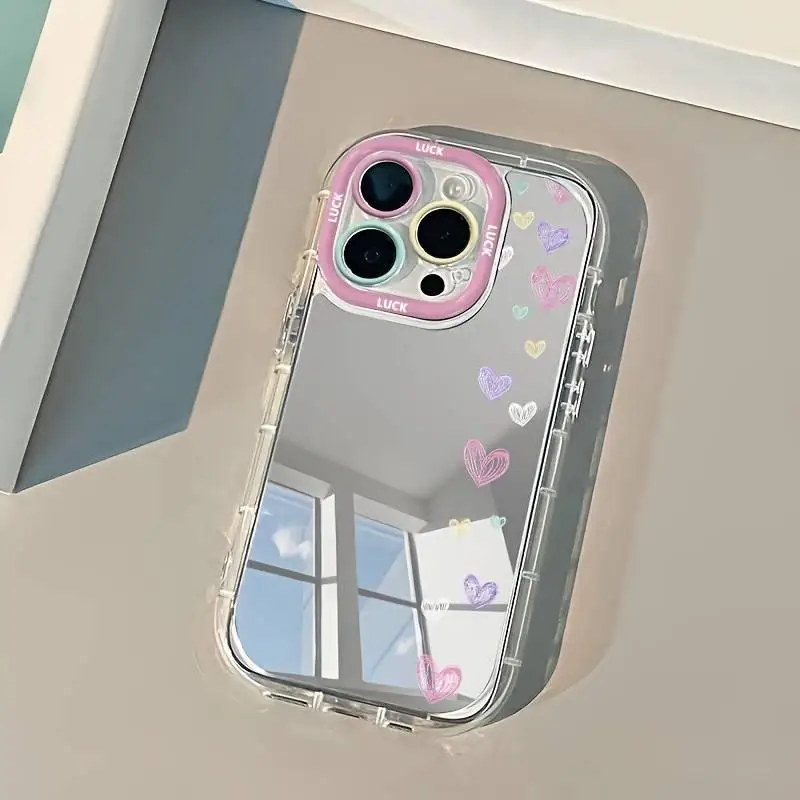 Bonita Funda Protectora Rígida con Espejo de Maquillaje de Corazón para iPhone 17 16 15 14 13 12 Pro Max X XS XR 7 8 Plus 16e 17 Air