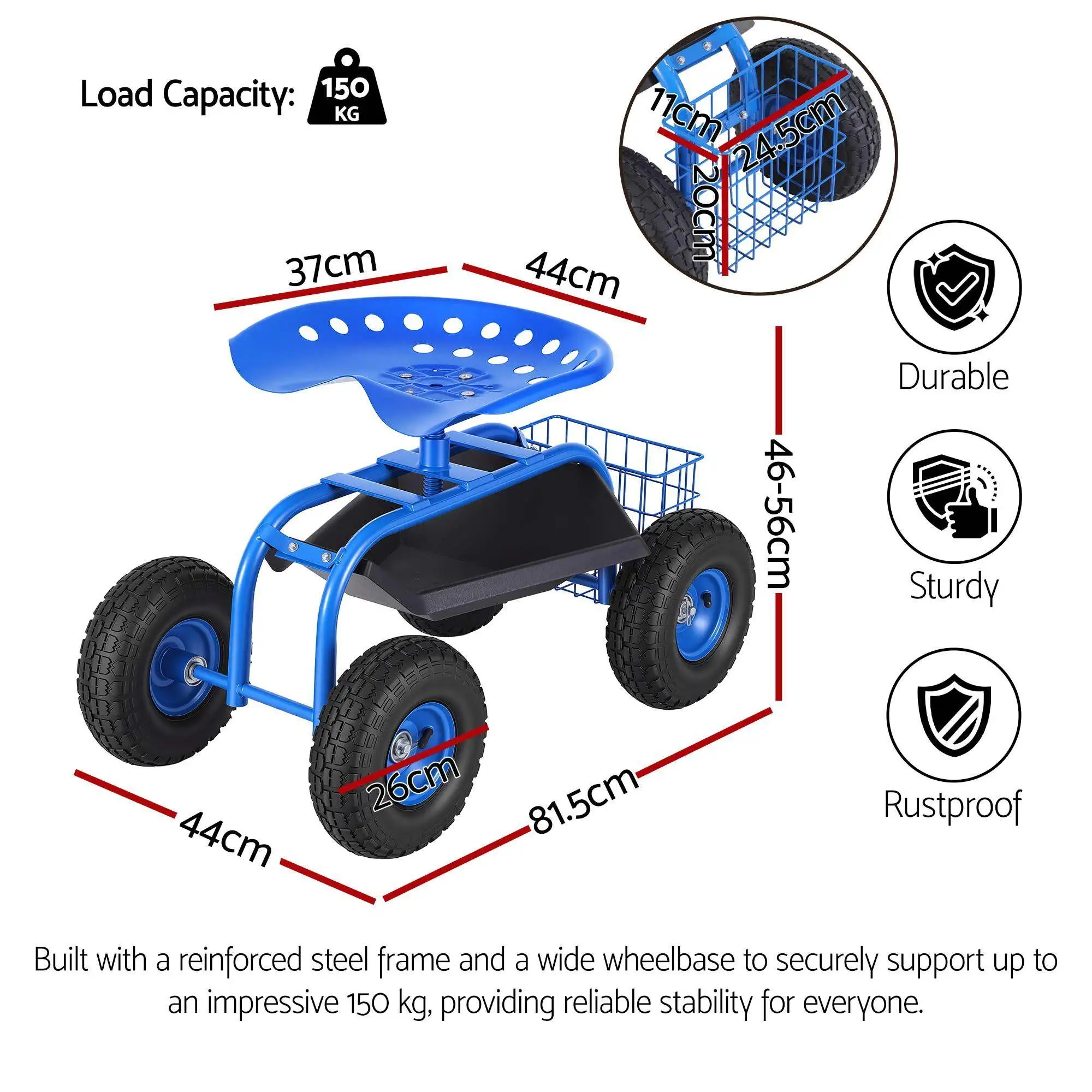 Garden Seat with Wheels 360 Degree Swivel Adjustable Height Heavy Duty Rolling Stool 150kg Capacity for Outdoor Use