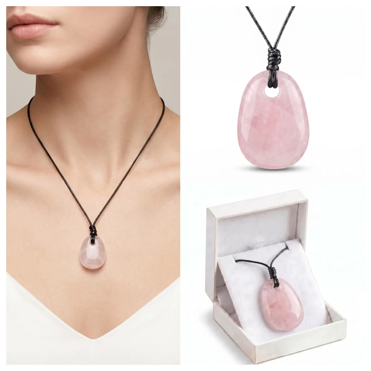 Rose Quartz Trapezoid Crystal Pendant Necklace Adjustable Rope Choker Natural Stone Healing Reiki Jewelry Unisex Gift Box