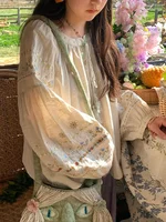 Women Spring Floral Embroidery Blouse Vintage Casual Long Sleeve Shirt Top