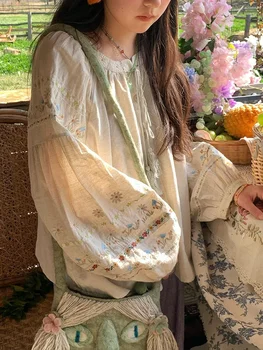 Women Spring Floral Embroidery Blouse Vintage Casual Long Sleeve Shirt Top