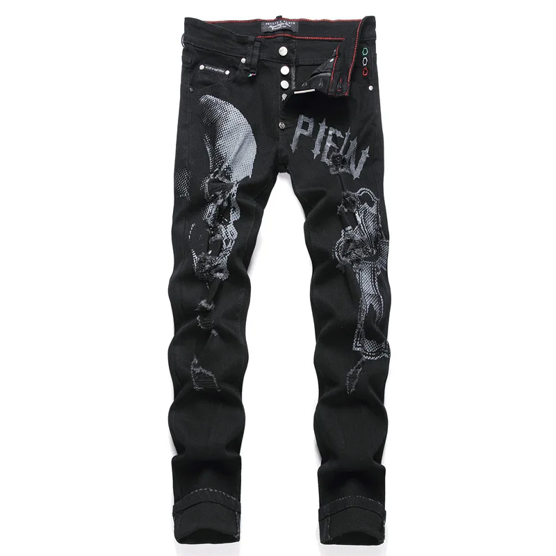 New Black Men's Stretch Jeans Fashion Printed Ripped Casual Pants 2024 Motorcycle Hip Hop Mid-Waist Denim Clothing