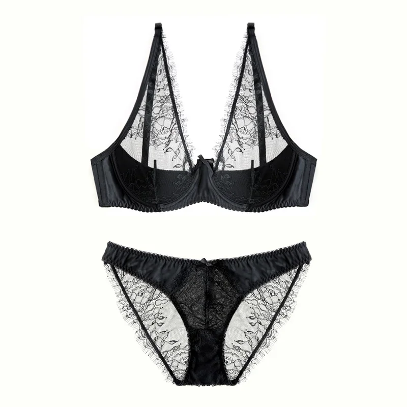 

KUCLUT style thin cup cotton young ladies underwear lash transparent sexy women summer bra set lace female lingerie plus size