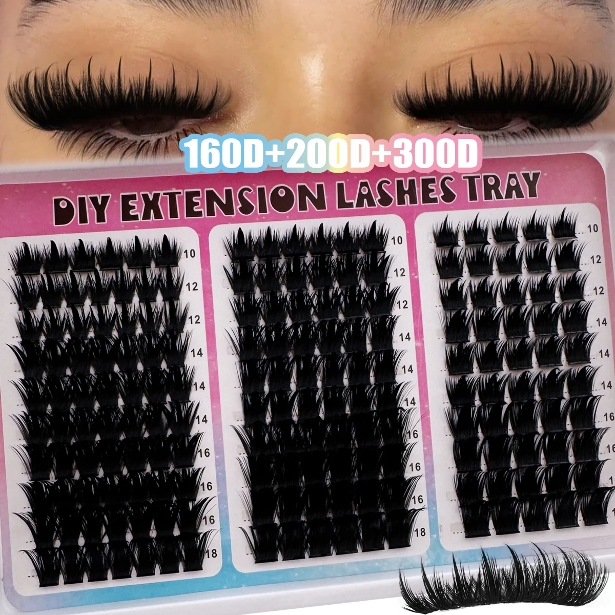 300D-60D Spikes Lash Cluster Wimpernverlängerungen 180 Stück/260 Stück Dicke, Stachelige Einzelwimpern 10-18mm Mega Wispy DIY für Zuhause – Detail 1