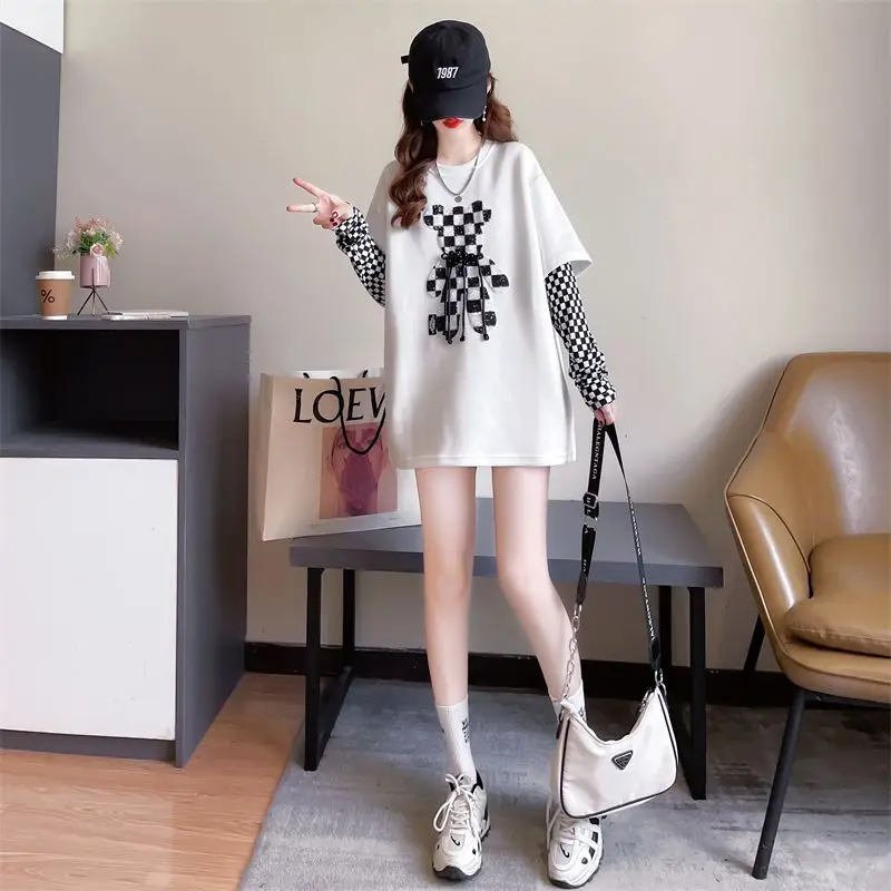 Jesień Casual Patchwork Plaid O-neck Long Sleeve T-Shirts Female Fashion Diamonds Pullover Top Tee Odzież damska Sznurowana koszulka