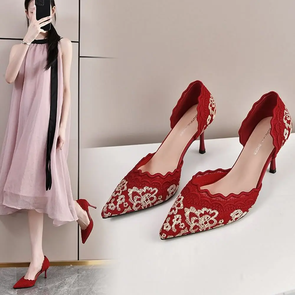 

Red Chinese Embroidered High Heels Women's oes Spring Autumn New Sle Elegance ow Hoel Wedding Two-Way Bride oes