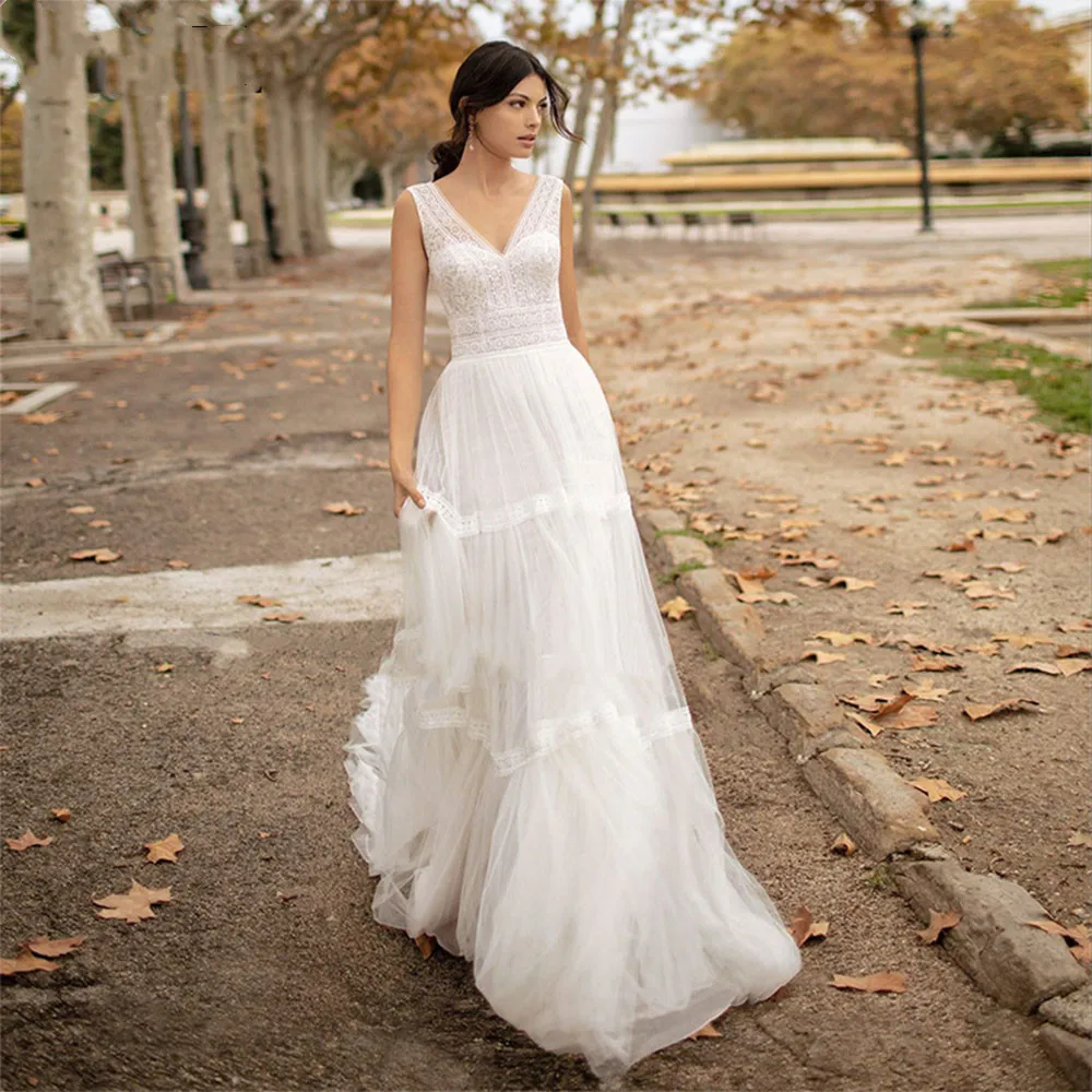 Vestido feminino boho com decote em v, elegante praia sexy sem costas, vestido de noiva sem mangas, vestido de verão, veste civil, 2024