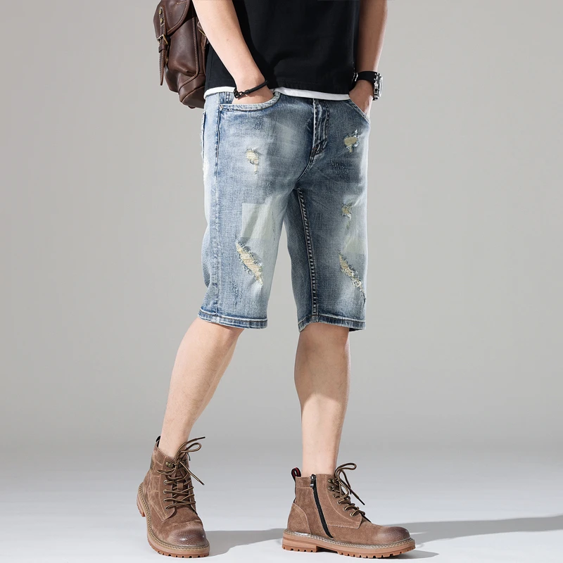 Summer new thin and distressed denim shorts for men's elastic slim fit Korean version denim ripped skinny jeans men