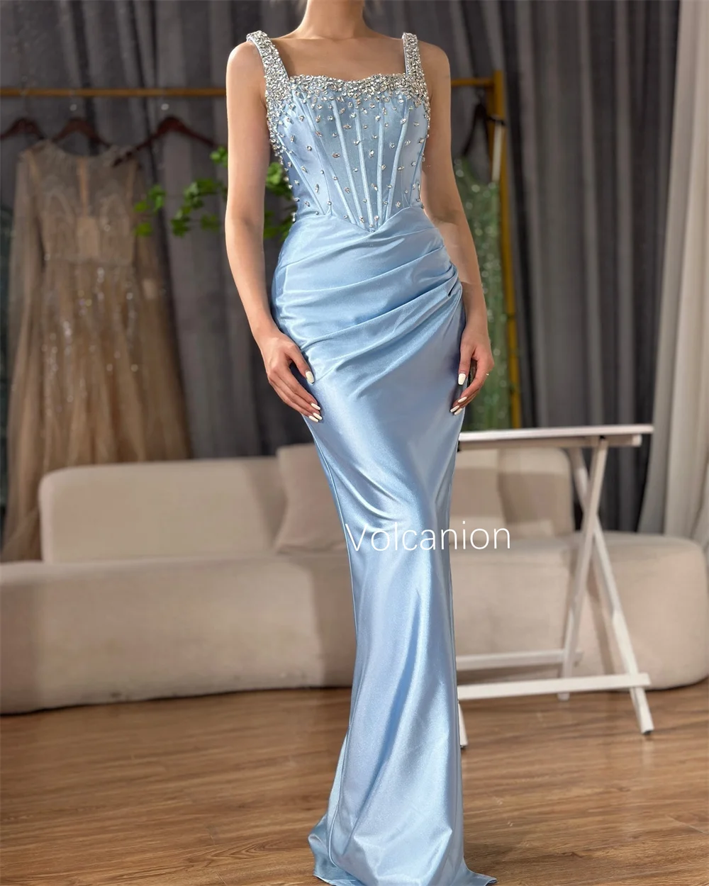 Vestidos largos drapeados de Charmeuse personalizados con lentejuelas y cuello cuadrado, moda para ocasiones a medida, elegante, de alta calidad