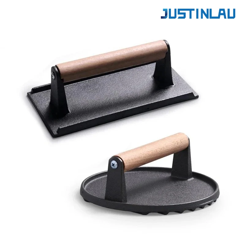 

JUSTINLAU 1pc Cast iron Rectangular Meat Press Round Heavy-Duty Steak Burger Press Barbecue Press For Flat Top Grill Hamburger