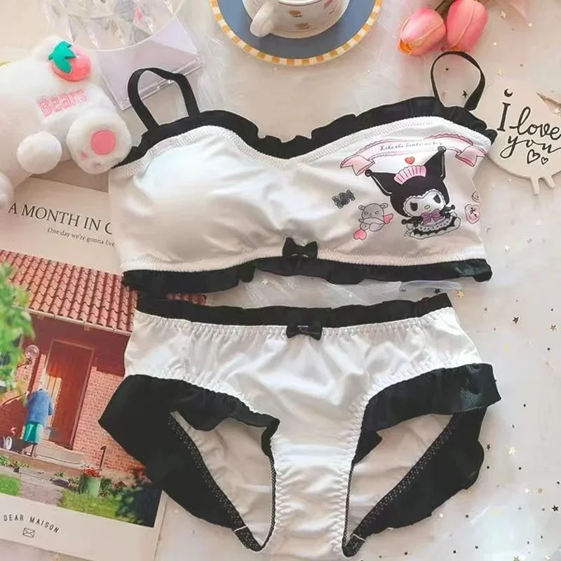 Sanrio Cinnamoroll Anime Underwear Kawaii Kuromi Cartoon Lace Bra Pantie Two Piece Set Girl Japan Style Underwear Suit For Women