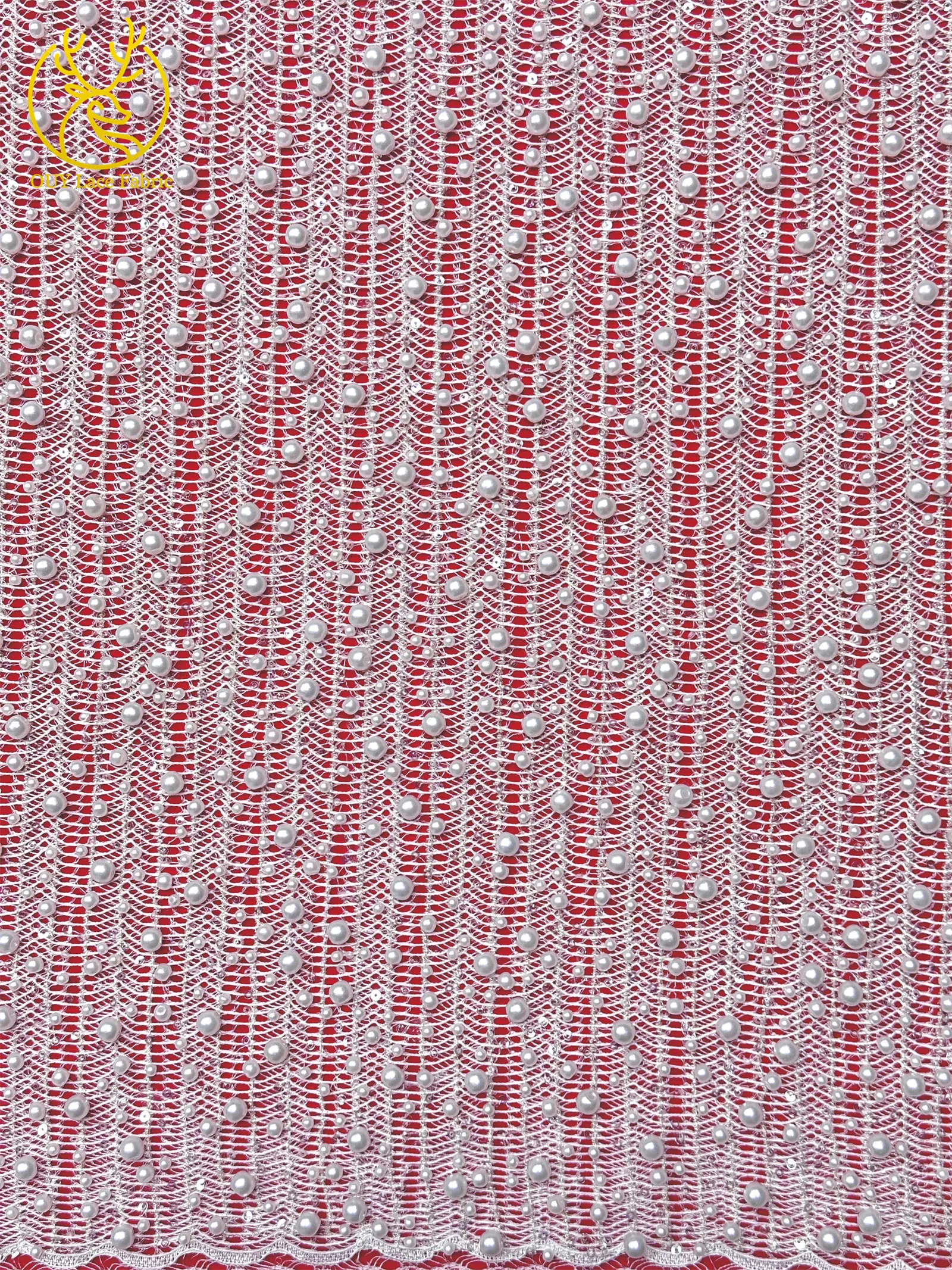 Neues Design Afrikanischer Großer Perlen-Spitzenstoff 2026 Nigerianischer Perlen-Pailletten-Spitzenstoff für Abendkleider Nähen 5 Yards – Detail 12