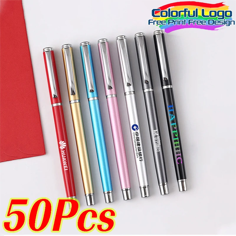 

50 шт., роскошная металлическая гелевая ручка на заказ, персонализированная красочная рекламная ручка с логотипом, школьные и офисные ручки для подписи, подарочная поставка