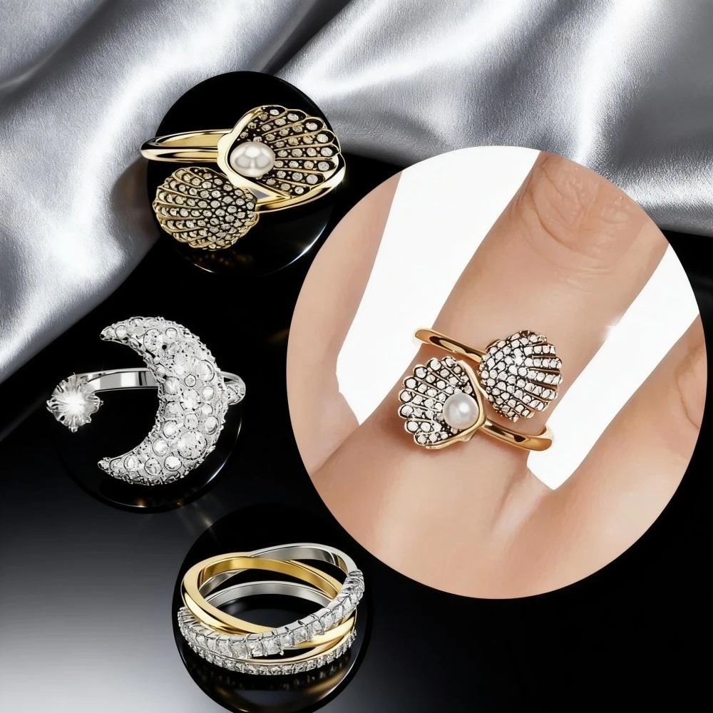 

Модные аксессуары 2025 года, высококачественное кольцо с цирконом и луной, модное изысканное простое ювелирное кольцо для пары с открытым ртом