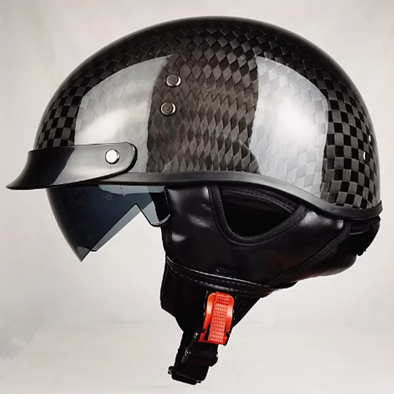 

Handcrafted carbon fiber half helmet with DOT certification and built-in sunglasses comfortable memory liner unisex all seasons