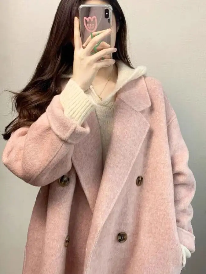

Розовое двустороннее шерстяное пальто средней длины в корейском стиле для женщин, зимняя верхняя одежда премиум-класса