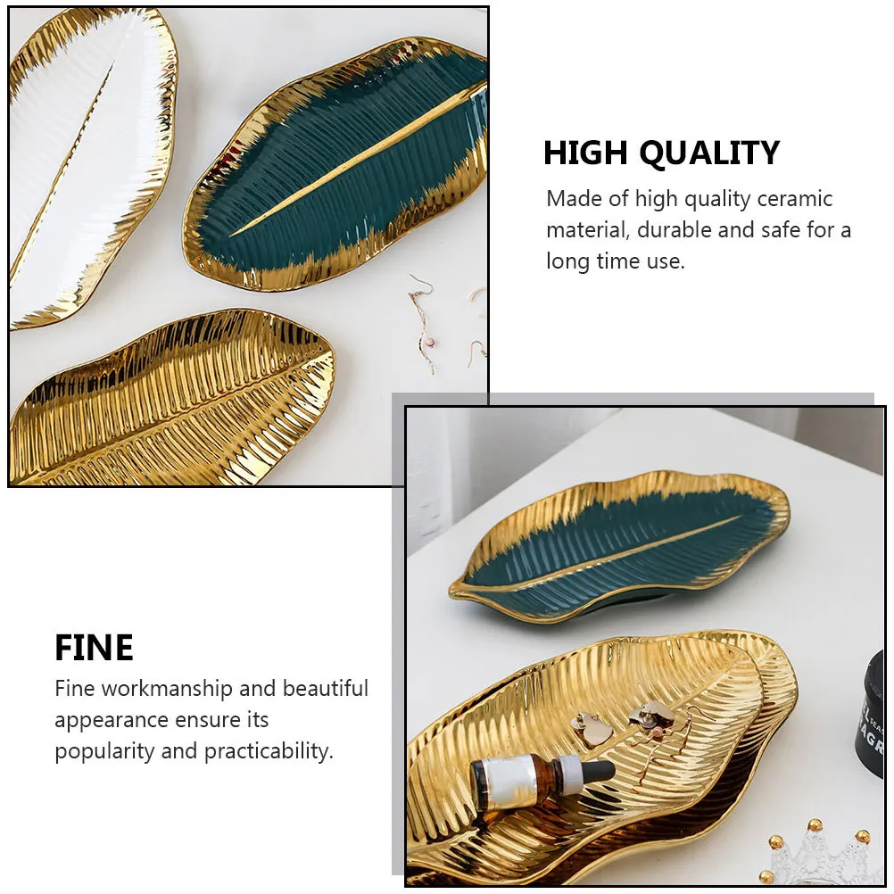 

1Pcs Gold Rim Ceramic Jewelry Storage Tray Leaf Shape Decorative Jewelry Display Plate for Desktop Home Decor Fruits Dessert