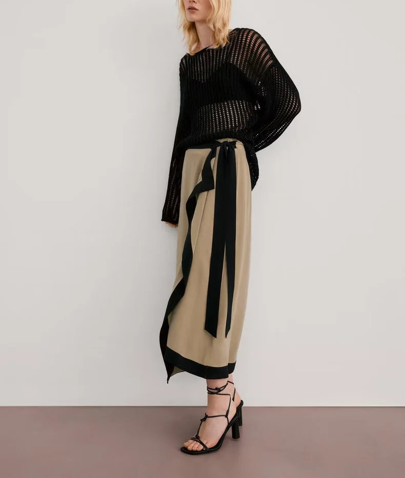 Long A-Line Skirt Women's Slim Fit Vintage Color Block Belt Design Ethereal Midi Skirt High Waist Polyester Fiber 25-29 Years...