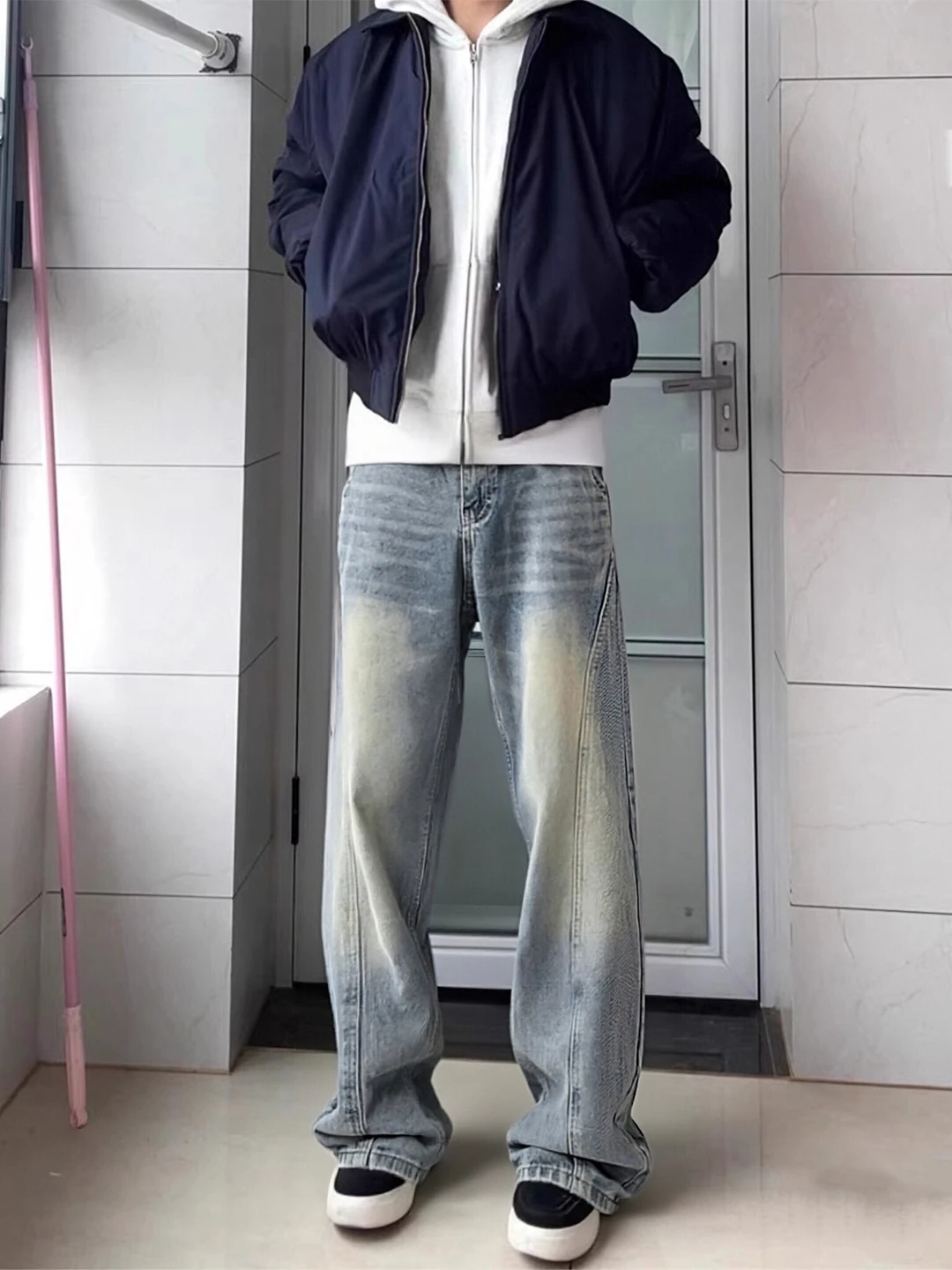 

Retro Blue Fce Lined Wide Leg Jeans Men's Thiened Autumn Winter American Sle High Street Straight Cut Trousers