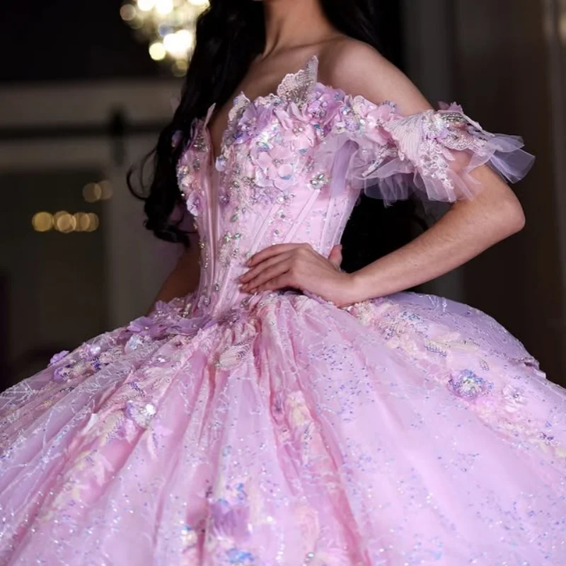 

Shiny Pink Quinceanera Dress off-shoulder Lace layering glitter 3D flower decal Long tail vestidos de 15 Quinceanera ﻿Customize