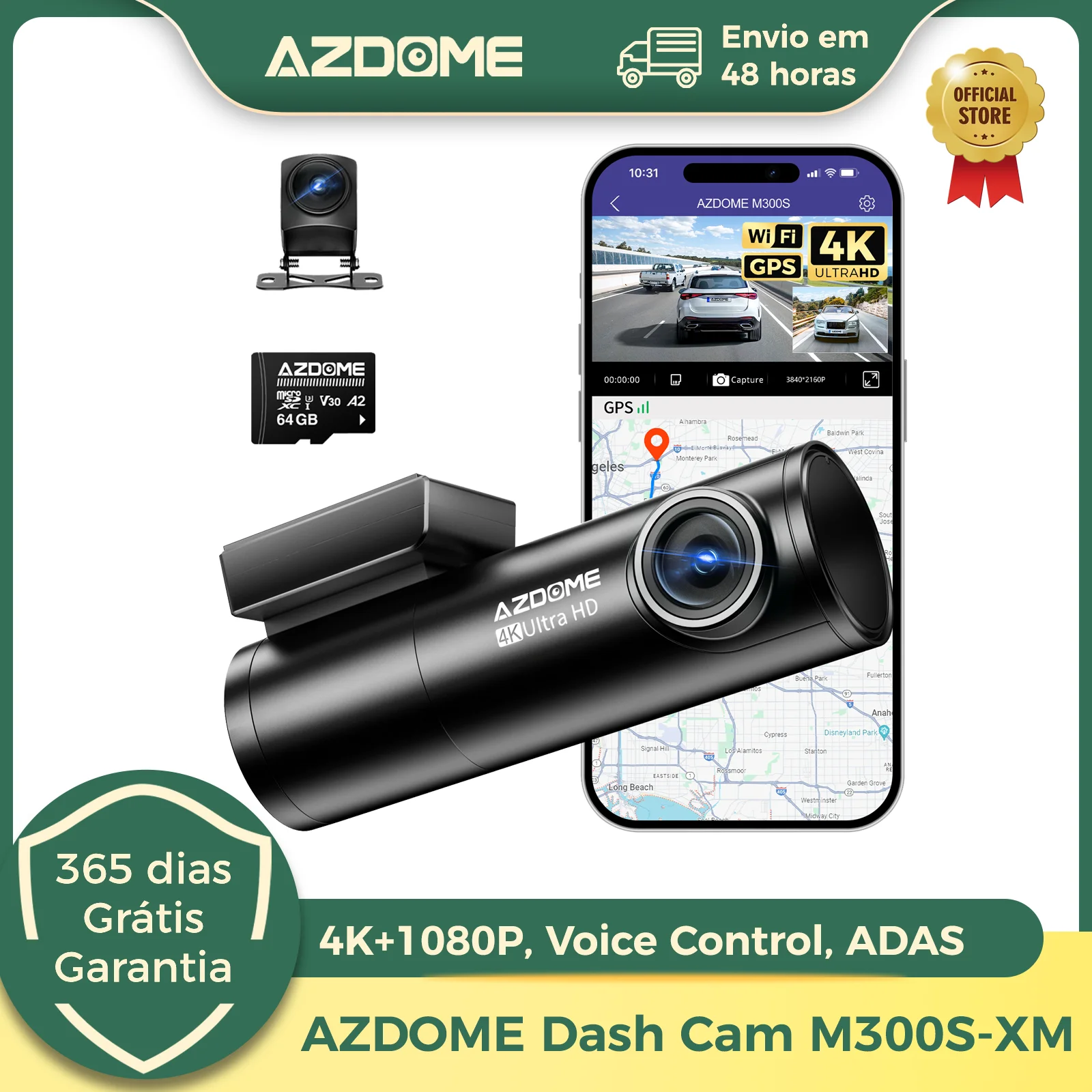 AZDOME Câmera Dashcam 4K Dupla WiFi GPS Visão Noturna