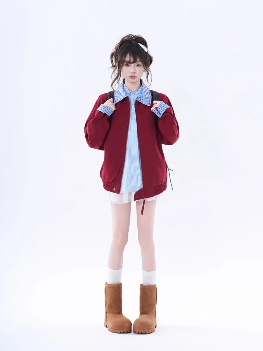 따뜻한 내마모성 체크 패치워크 칼라 소매 재킷 학생 커플용 프레피 스타일 아우터웨어 면 혼방 유니섹스