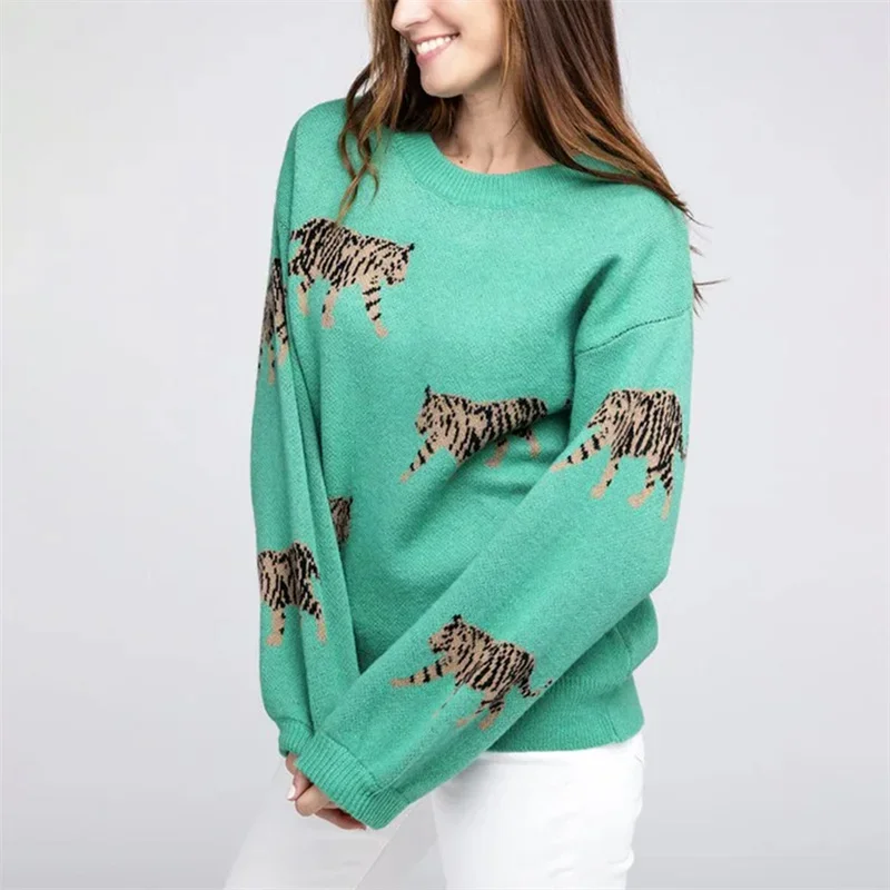 2024 Women Sweaters Loose Casual Winter Warm Tiger Print Long Sleeve Pullovers Basic Knitwear Fall Streetwear Jumper