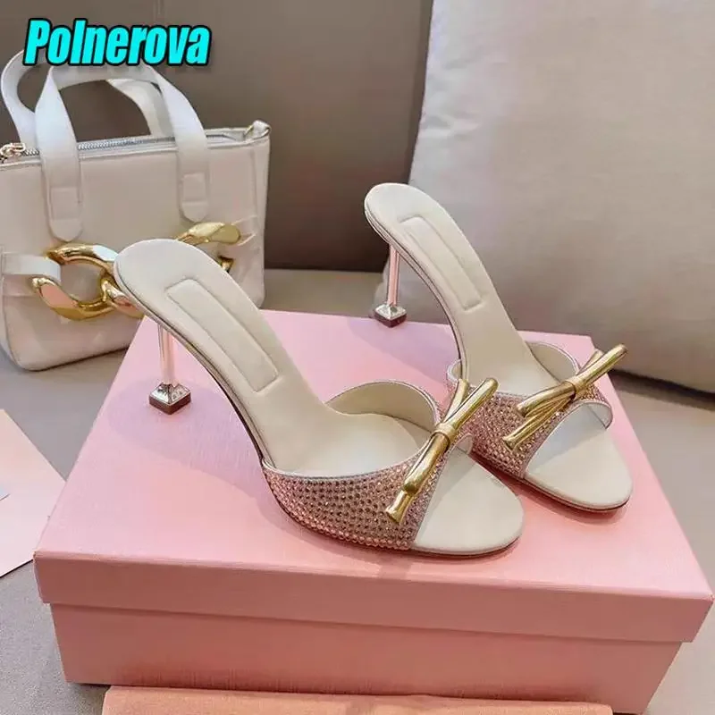 

French Bow Rhinestone Women's Sandals Summer New Sexy Open Toe High Heels Slippers Elegant Fairy Party Wedding Shoes Stiletto