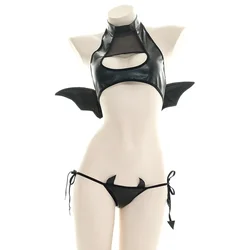 GUUOAT Sexy Patent Leather Women Lingerie Set Little Devil Wings Underwear SM Flirting Open Chest Underwear Porn Bra Costume