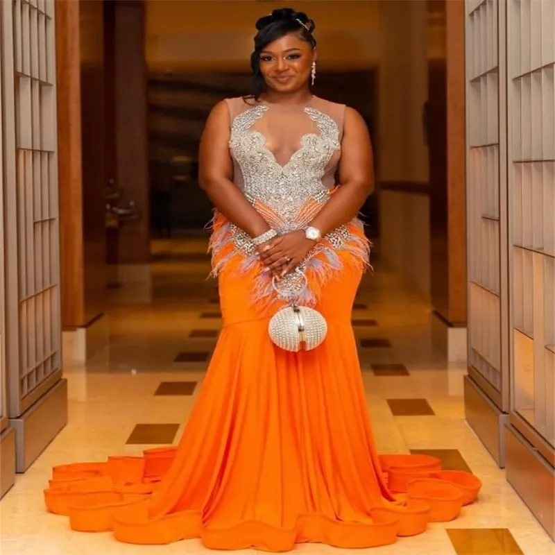 

Luxury Plus Size Orange O Neck Prom Dress Black Women Rhinestone Crystal Mermaid African Evening Gowns Customized