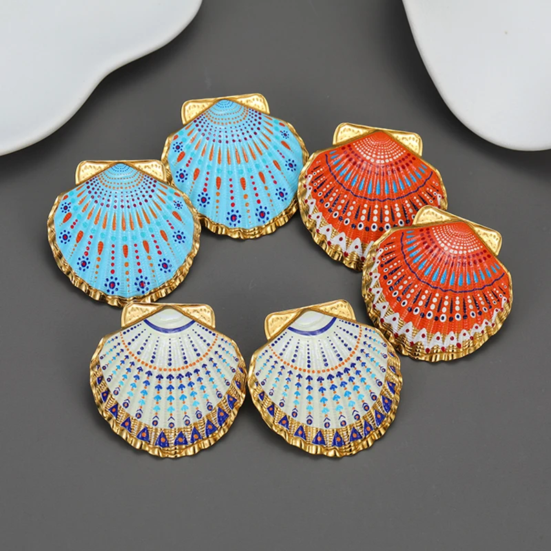 Letdiffery Boho Style Colorful Shell Earrings for Women Stainless Steel Trendy Color Studs Earring Summer Beach Jewelry Gifts